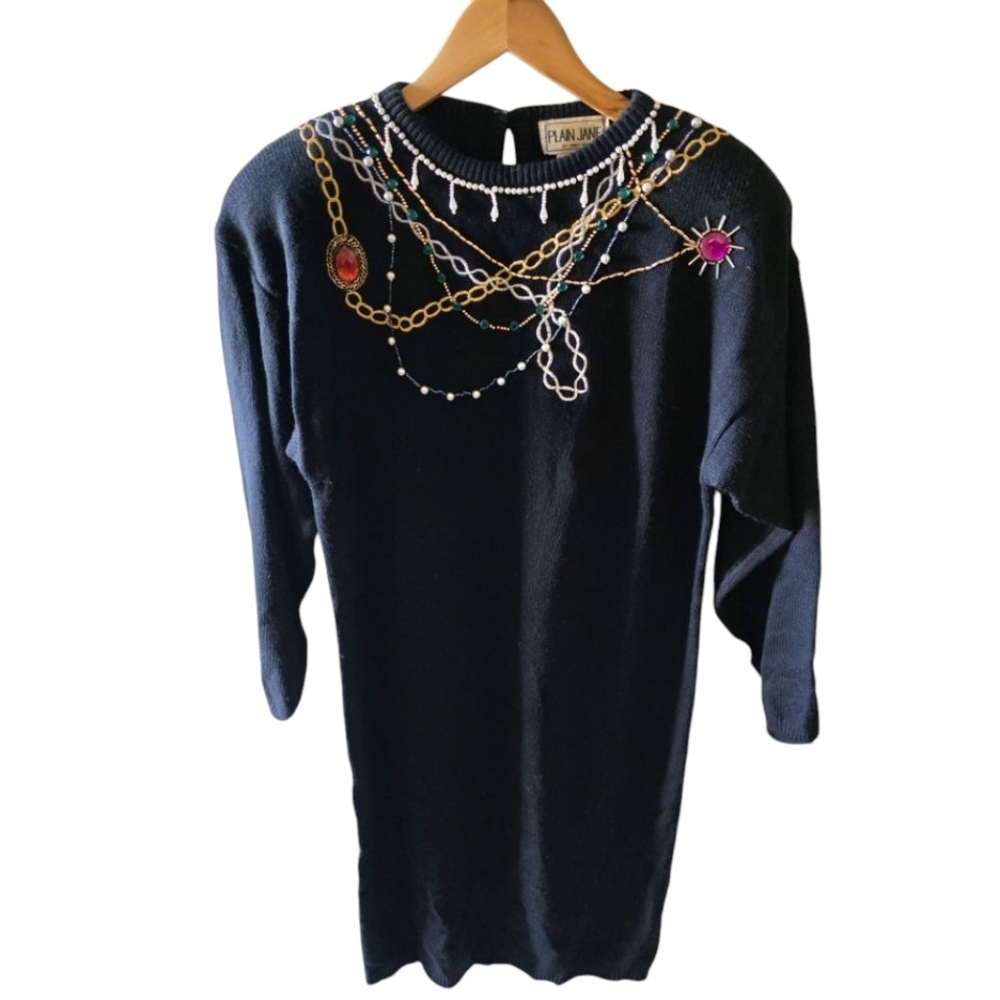 Vintage Plain Jane 80's Black Sweater Dress with Beaded Chain Design Size Large